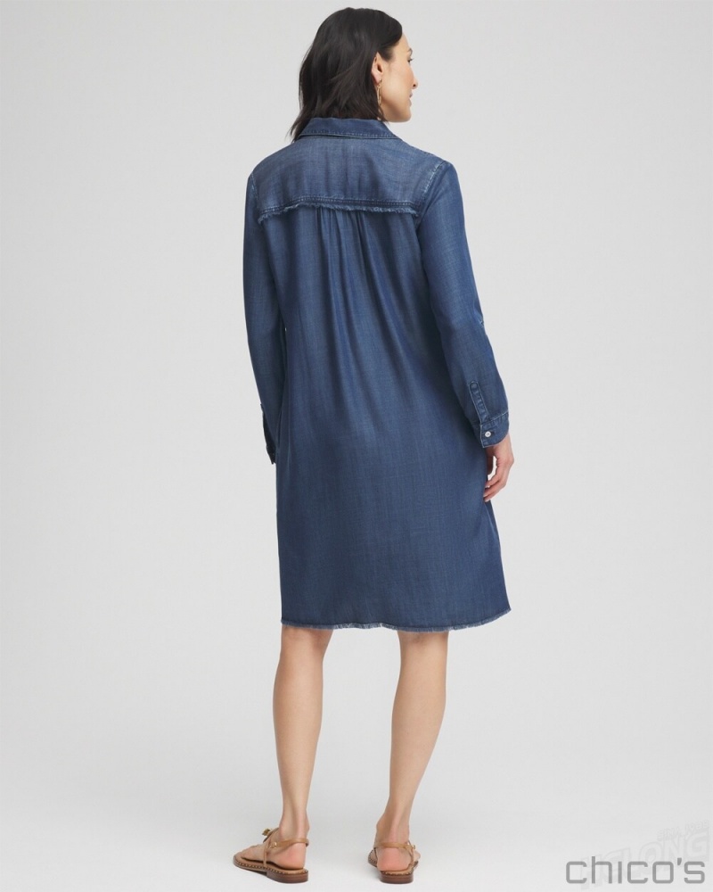 Chico's Tencel Fray Shirt Dress Dresses Marina Bay Indigo | 698-WIHTJF