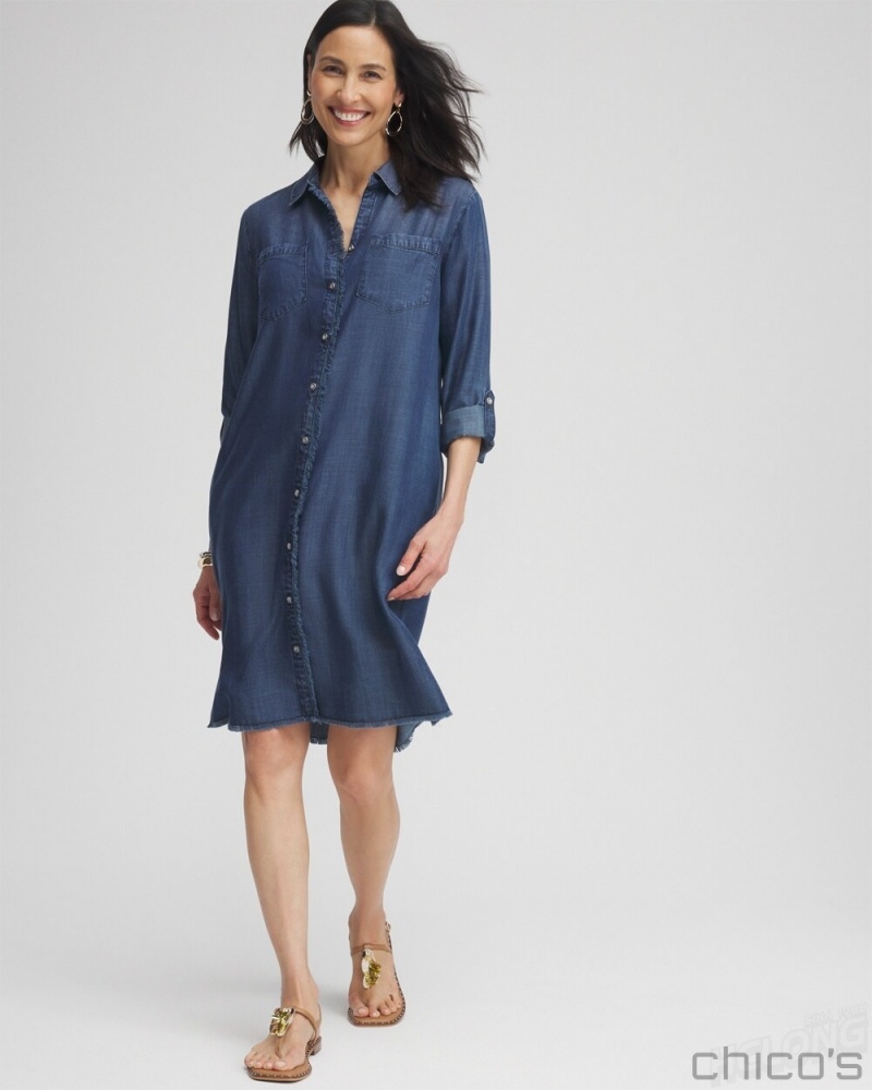 Chico\'s Tencel Fray Shirt Dress Dresses Marina Bay Indigo | 698-WIHTJF