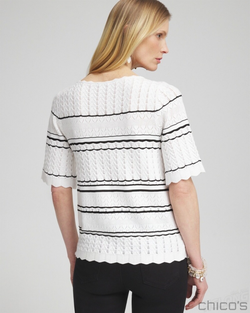 Chico's Textured Pointelle Stripe Pullover Sweaters Alabaster | 235-RXHBWE