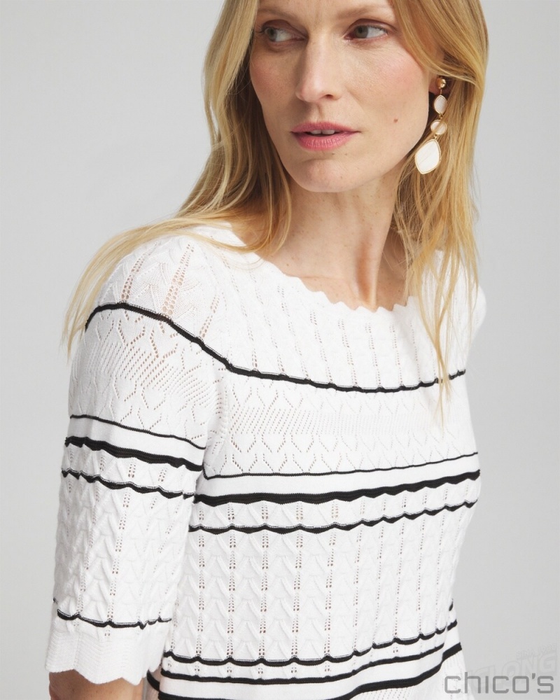 Chico's Textured Pointelle Stripe Pullover Sweaters Alabaster | 235-RXHBWE