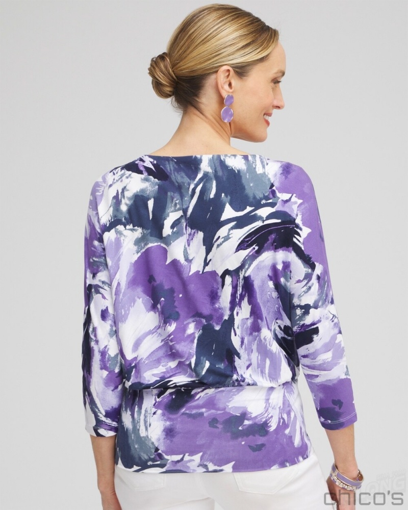 Chico's Touch of Cool Abstract Banded Hem Top Tees & Tanks Parisian Purple | 978-NYMWOP