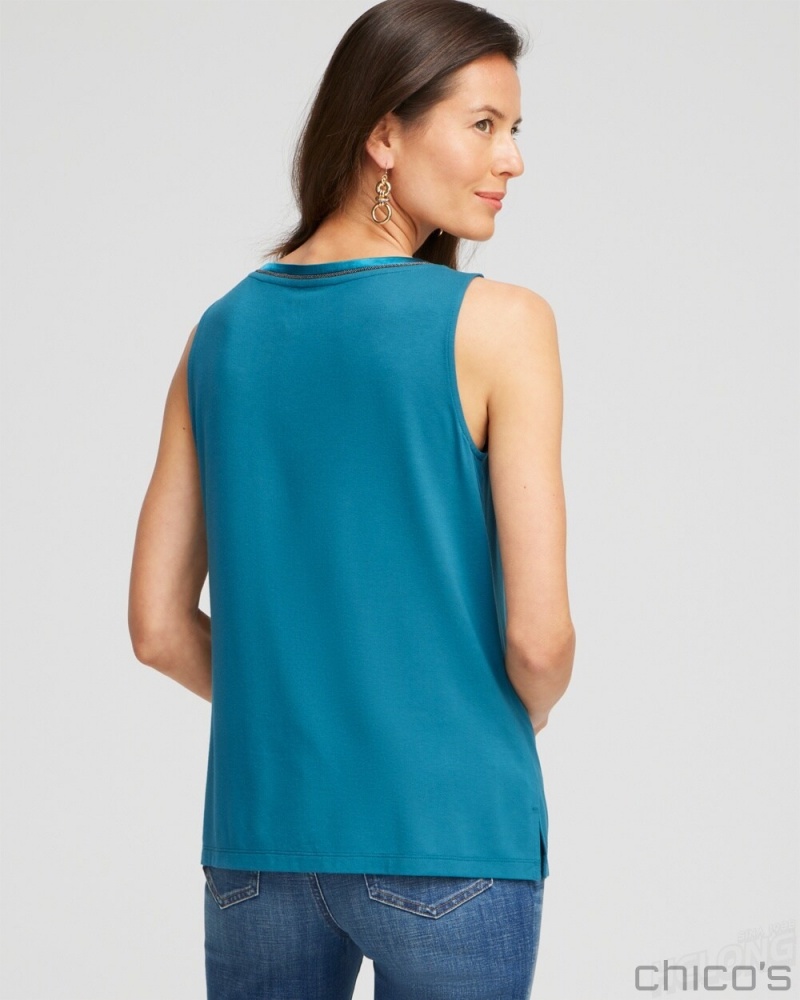 Chico's Touch of Cool Caviar Trim Tank Tees & Tanks Moonlit Teal | 245-FNSVLD