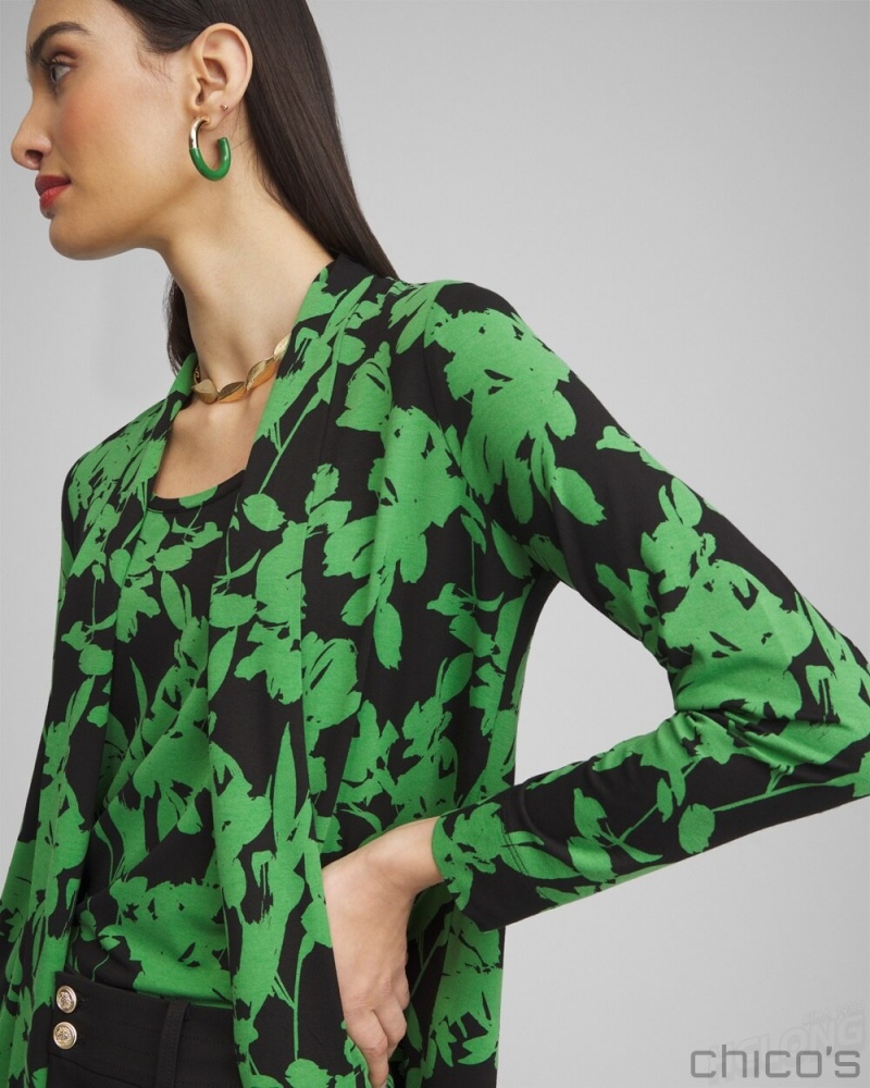 Chico's Touch of Cool Floral Easy Cardigan Tops Verdant Green | 523-LCVAMJ