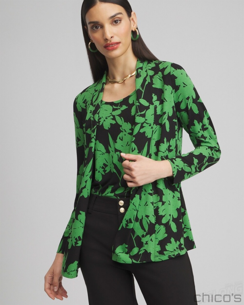 Chico\'s Touch of Cool Floral Easy Cardigan Tops Verdant Green | 523-LCVAMJ