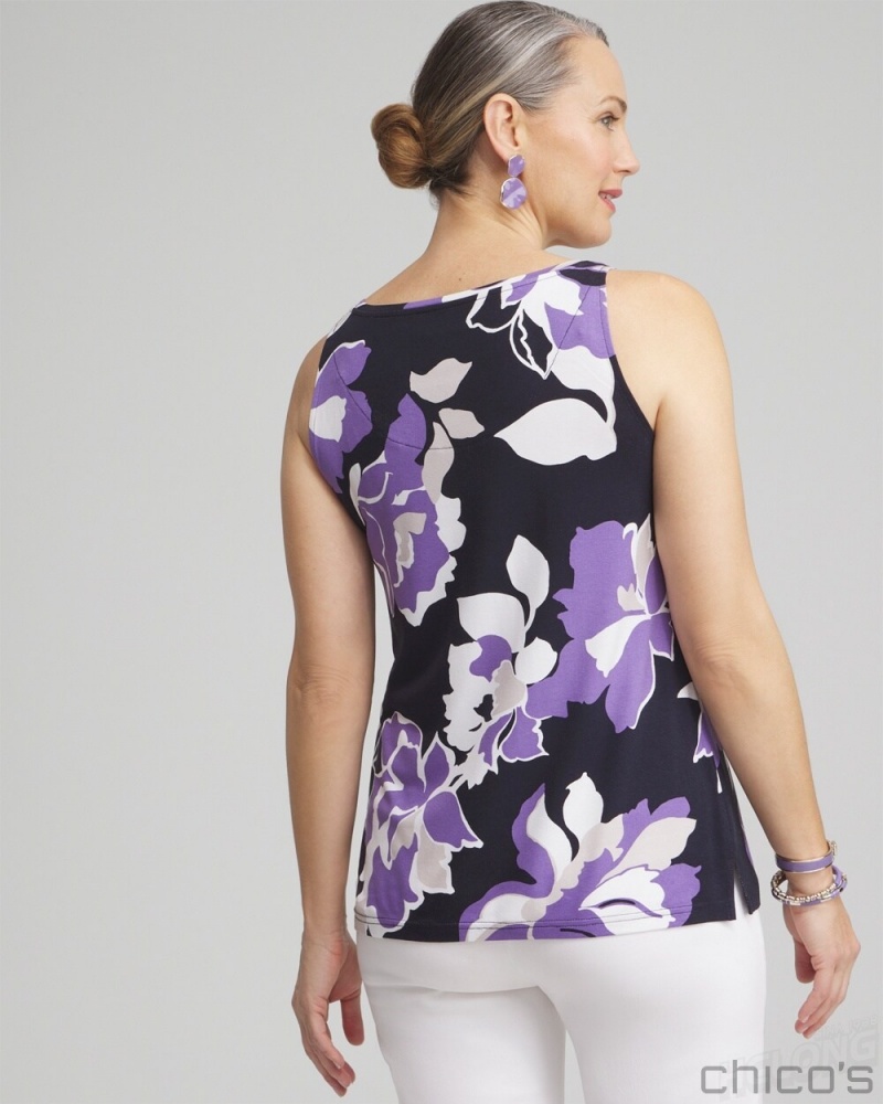 Chico's Touch of Cool Placed Floral Polished Tank Tees & Tanks Classic Navy | 139-PURLON