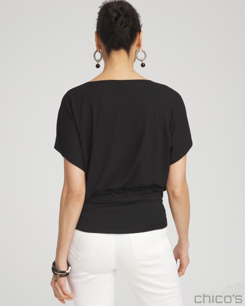 Chico's Touch of Cool Ruched Banded Hem Top Tees & Tanks Black | 168-EHPFXT