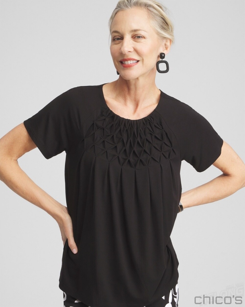 Chico's Touch of Cool Smocked Top Tees & Tanks Black | 175-VYUTHI