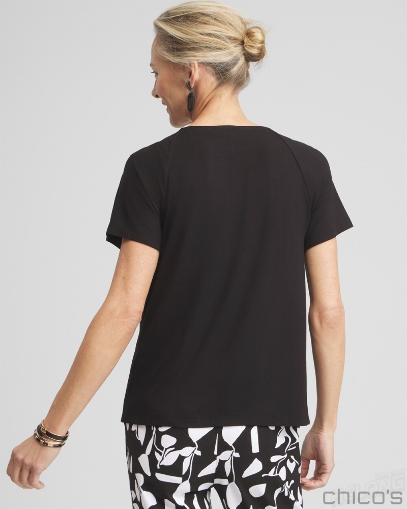 Chico's Touch of Cool Smocked Top Tees & Tanks Black | 175-VYUTHI