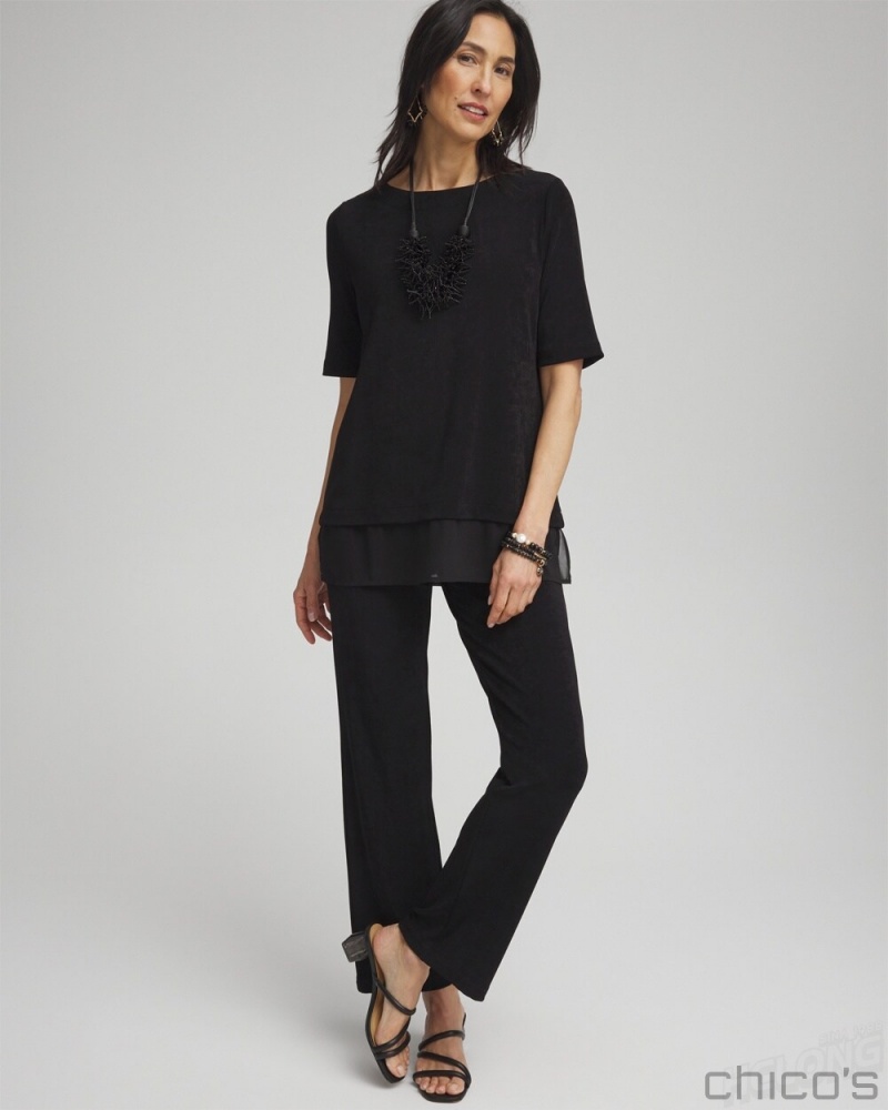 Chico's Travelers Chiffon Hem Top Tops Travelers Black | 213-JIEBKR