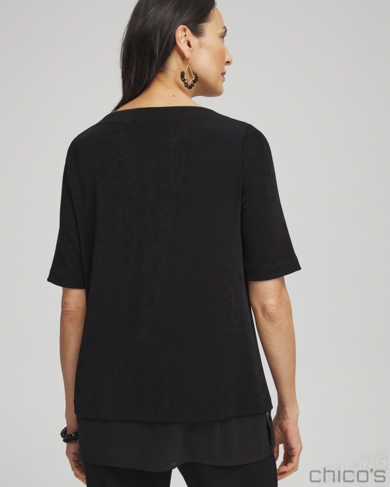 Chico's Travelers Chiffon Hem Top Tops Travelers Black | 213-JIEBKR