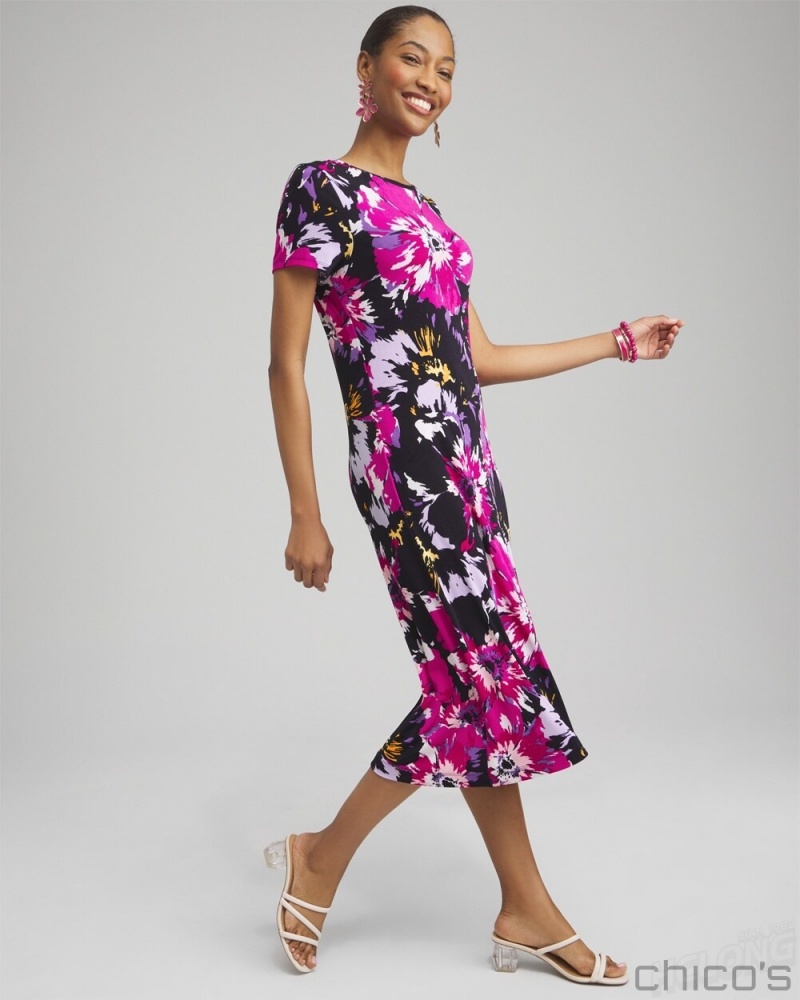 Chico's Travelers Floral Cap Sleeve Midi Dress Dresses Magenta Rose | 194-EHTKLI