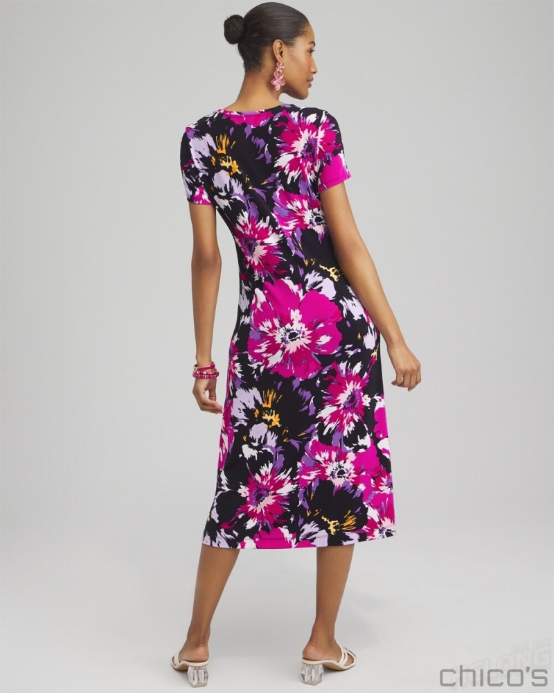 Chico's Travelers Floral Cap Sleeve Midi Dress Dresses Magenta Rose | 194-EHTKLI