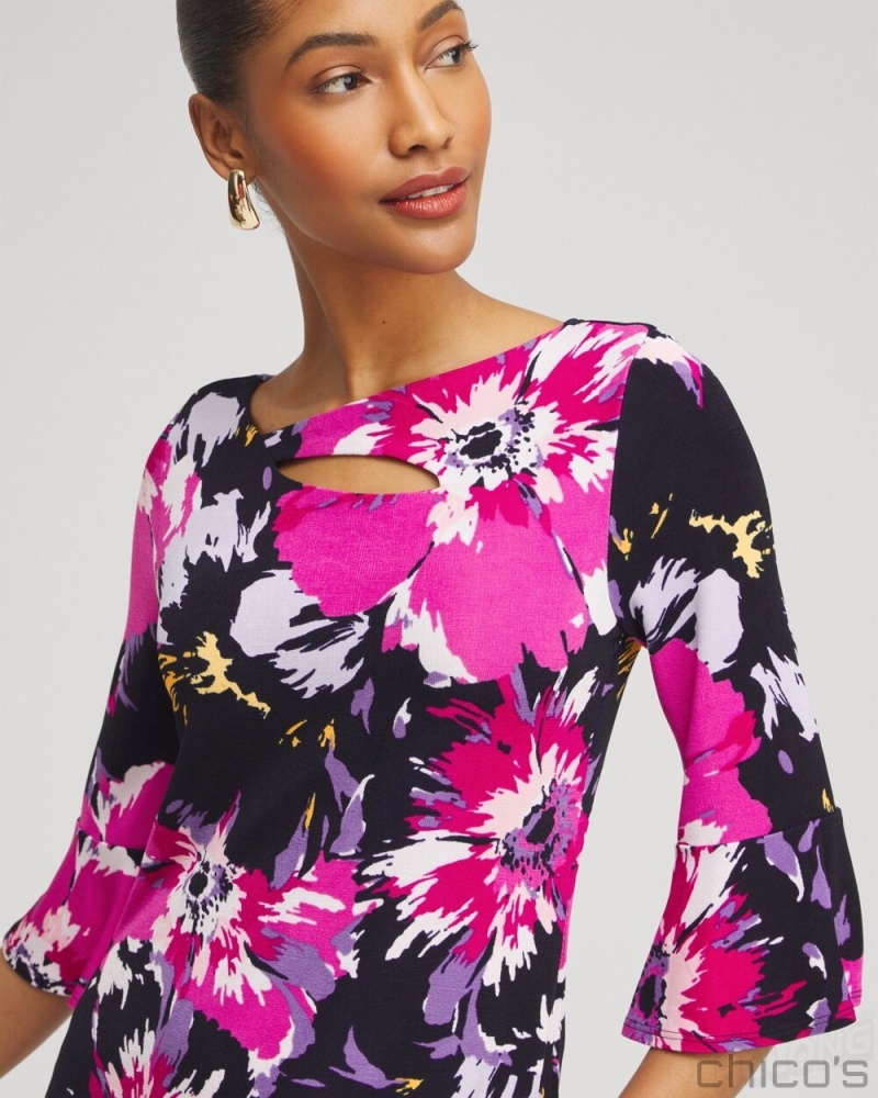 Chico's Travelers Floral Keyhole Top Tops Magenta Rose | 468-JDHXIQ