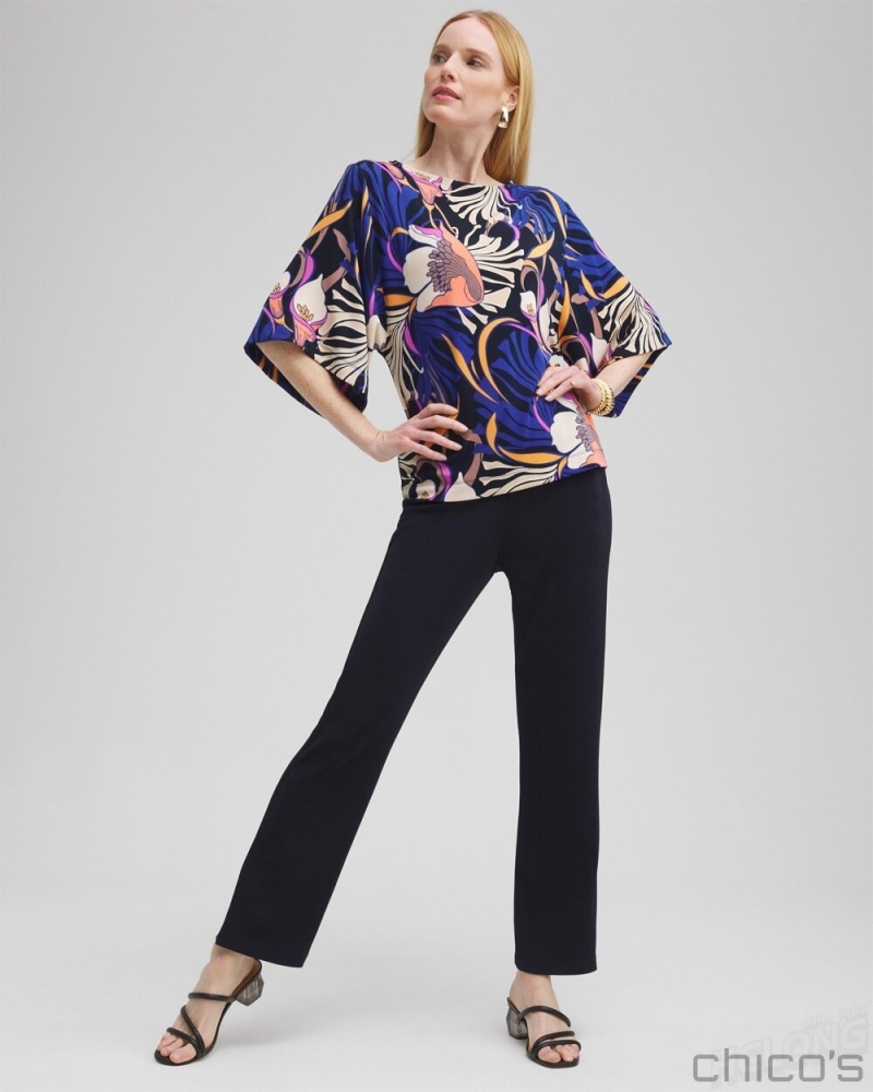 Chico's Travelers Floral Kimono Sleeve Top Tops Travelers India Ink | 016-TQCJBI