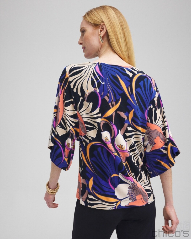 Chico's Travelers Floral Kimono Sleeve Top Tops Travelers India Ink | 016-TQCJBI