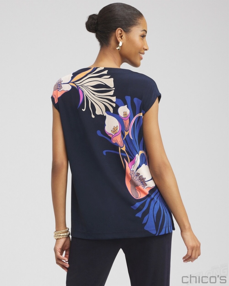 Chico's Travelers Floral Tunic Tops Travelers India Ink | 198-WRPXMF