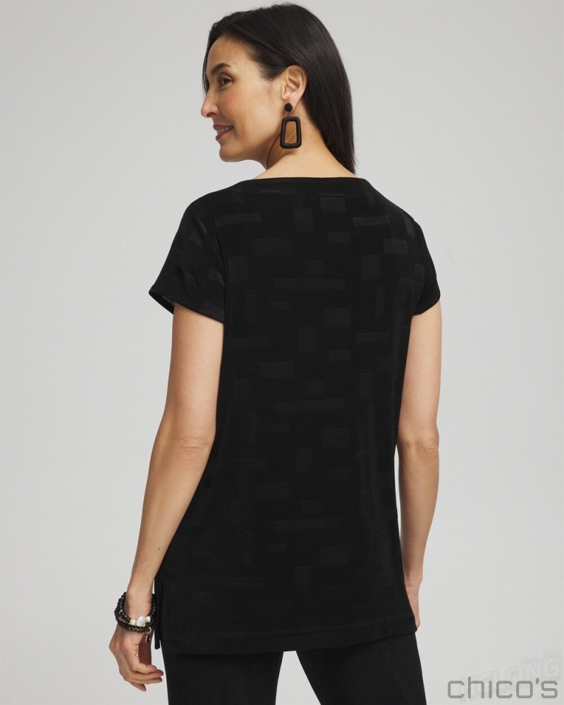 Chico's Travelers Jacquard Cap Sleeve Tunic Tops Travelers Black | 126-KHJAUO