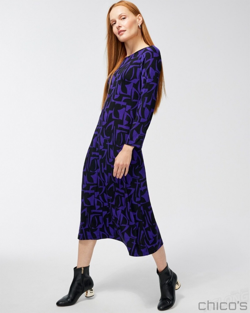 Chico's Travelers Petite Abstract Print A-line Midi Dress Dresses Florentia Plum | 594-BOSQLD