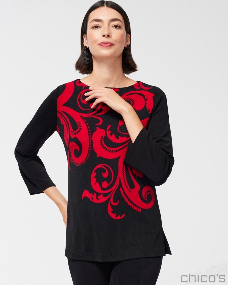 Chico\'s Travelers Scroll Print Bell Sleeve Tunic Tops Red Allure | 753-JNVGQL