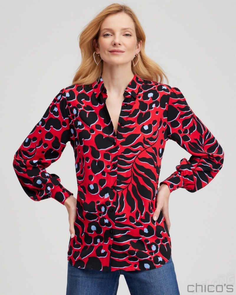 Chico\'s Twill Animal Print Tunic Blouses & Shirts Love Letter Red | 890-KXWUPJ