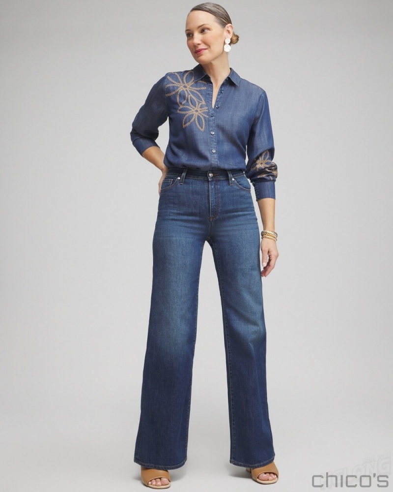 Chico's Twill Denim Eyelet Shirt Blouses & Shirts Deep Rapids Wash | 945-OLTAXJ