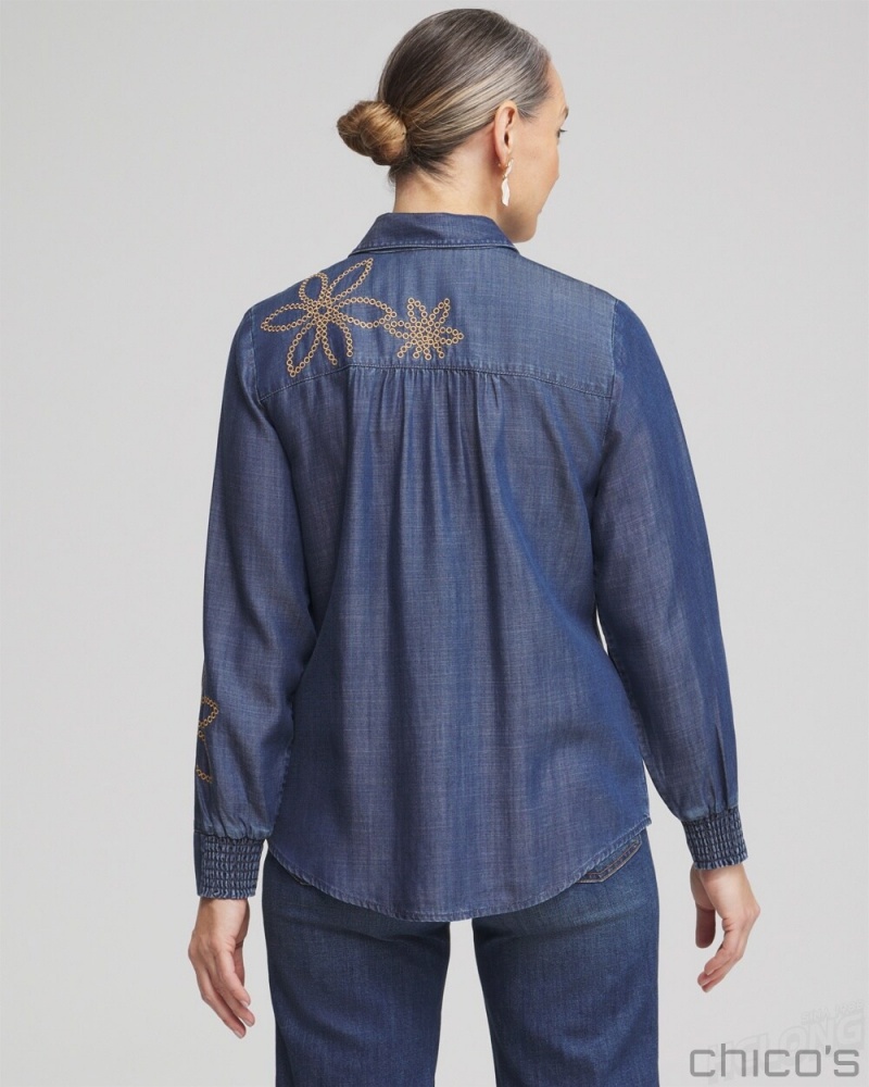 Chico's Twill Denim Eyelet Shirt Blouses & Shirts Deep Rapids Wash | 945-OLTAXJ