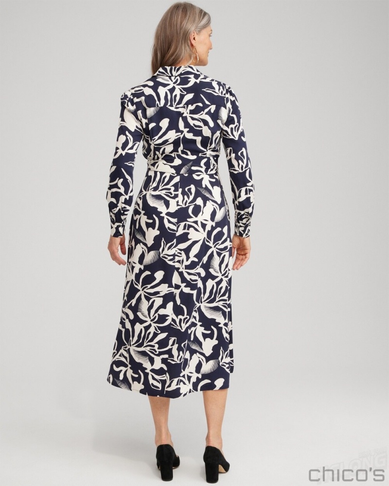 Chico's Twill Floral Shirt Dress Dresses Classic Navy | 947-FWGYAU