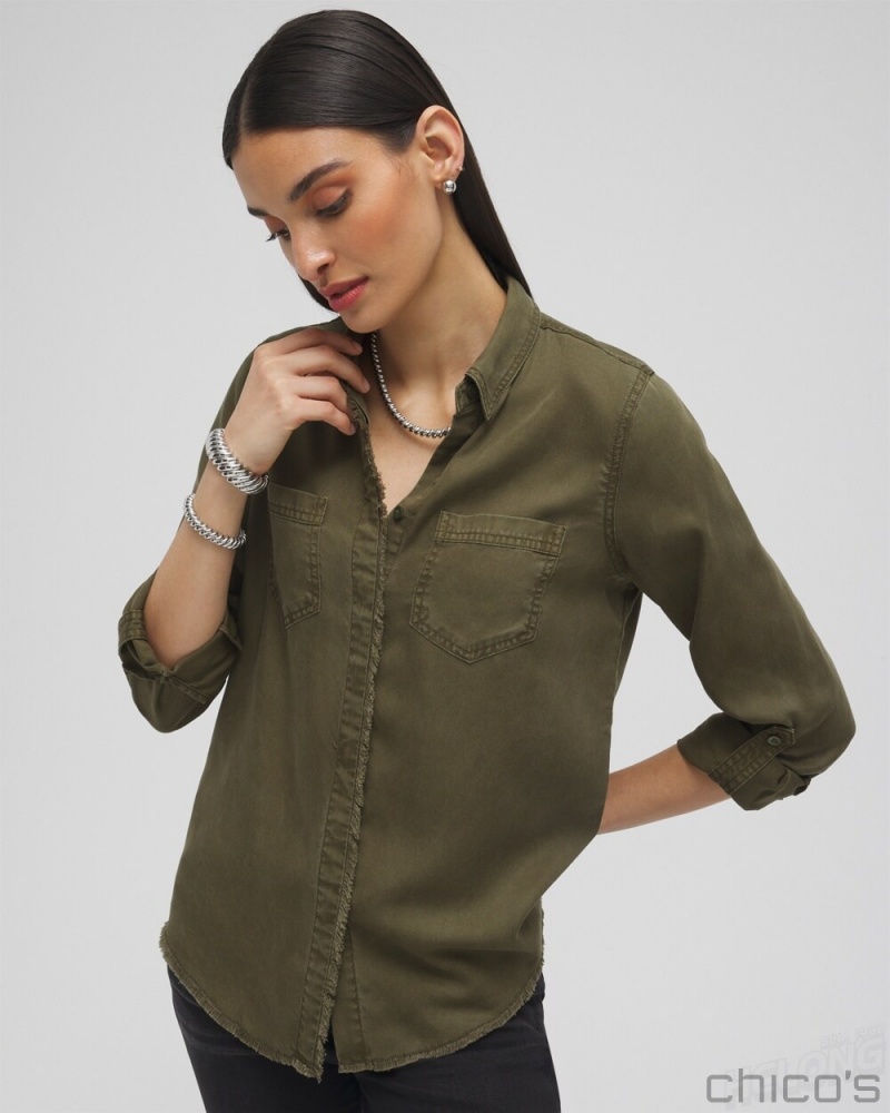 Chico\'s Twill Fringe Hem Shirt Blouses & Shirts Olive | 163-JTNZSL