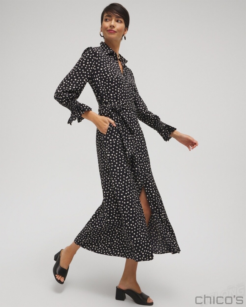 Chico's Twill Polka Dot Shirt Dress Dresses Black | 470-LJXHCU