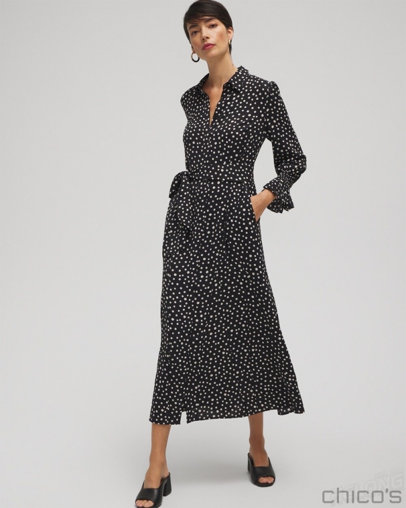 Chico\'s Twill Polka Dot Shirt Dress Dresses Black | 470-LJXHCU