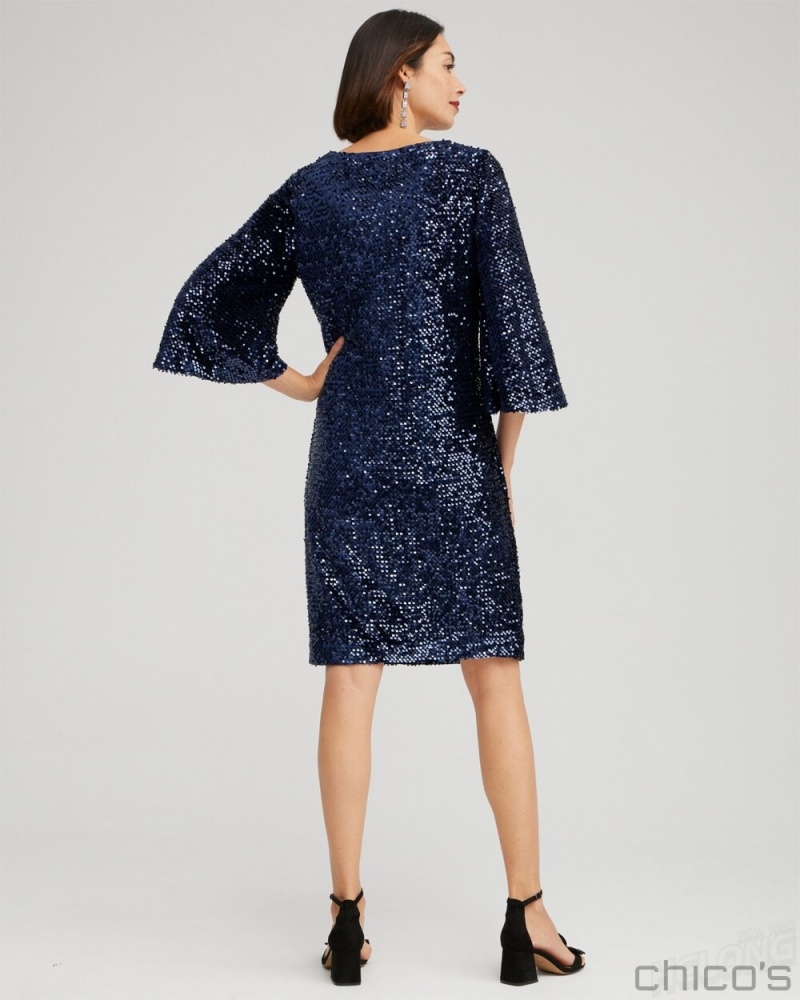 Chico's Velvet Sequin Bell Sleeve Dress Dresses Midnight | 269-OZICFD