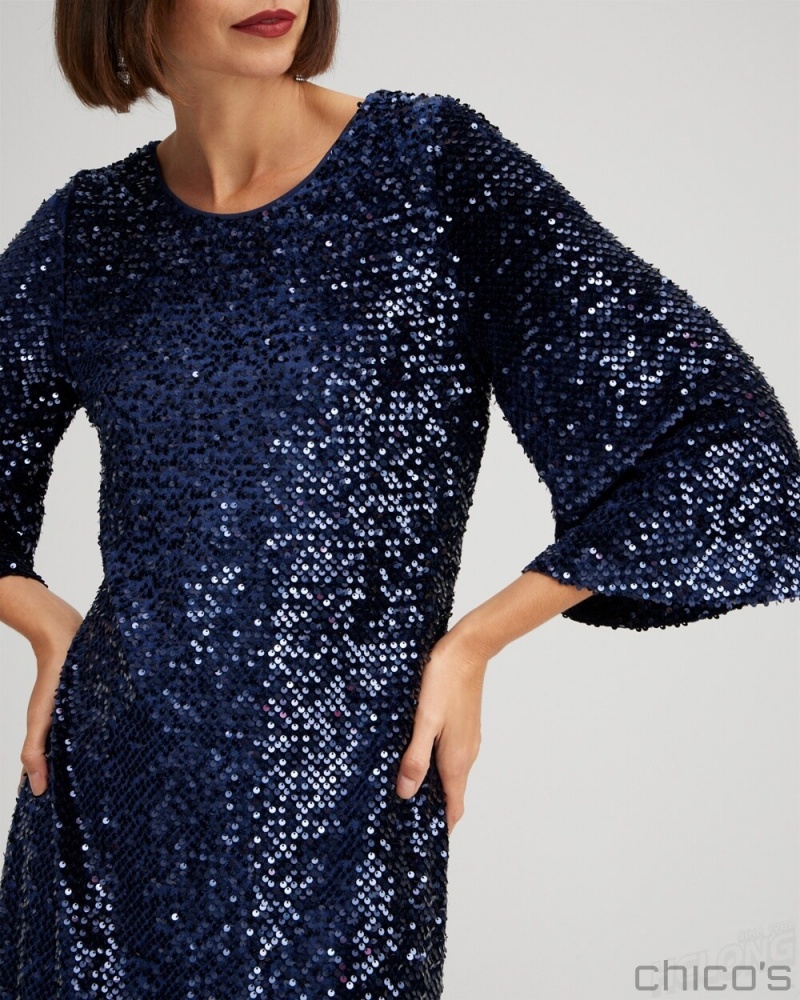 Chico's Velvet Sequin Bell Sleeve Dress Dresses Midnight | 269-OZICFD