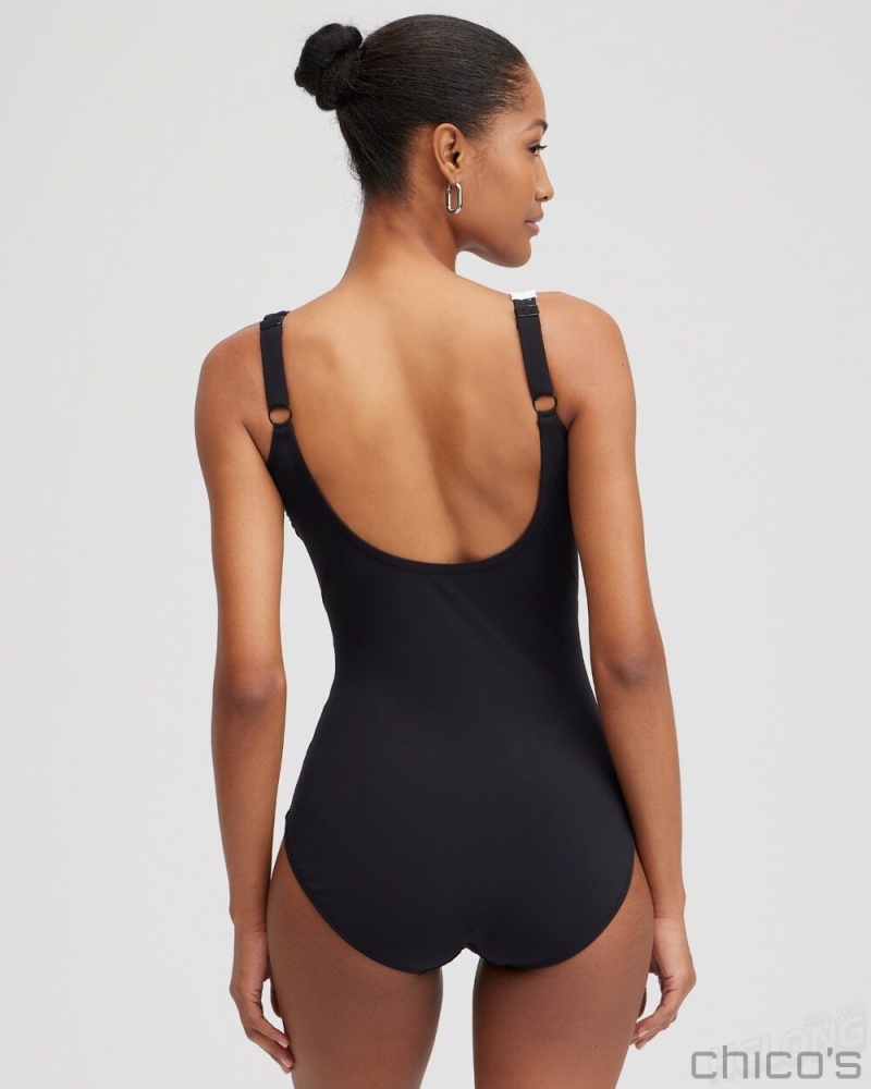 Chico's V-neck One Piece Swimsuit Swim Black/White | 016-TFIYQA