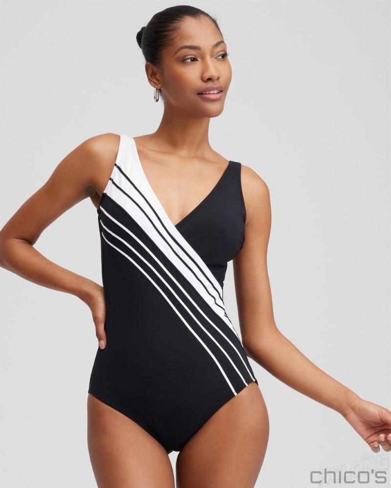 Chico\'s V-neck One Piece Swimsuit Swim Black/White | 016-TFIYQA