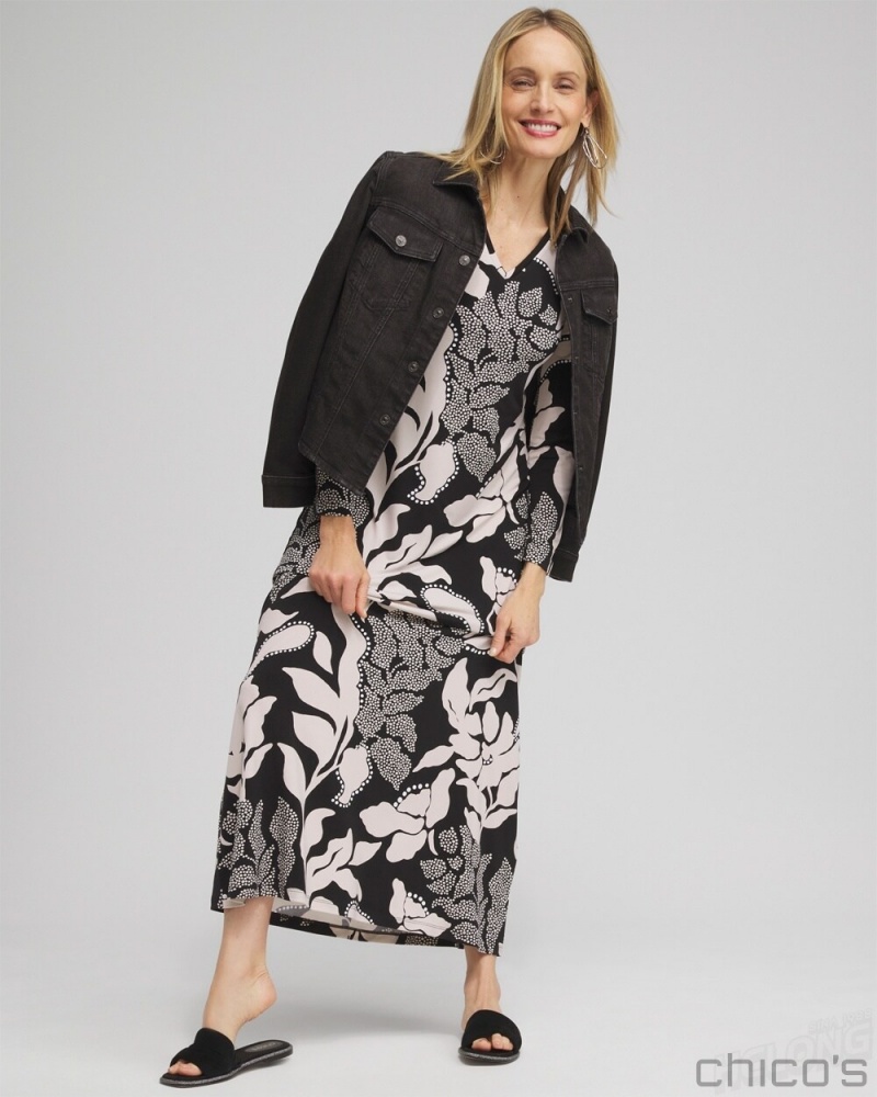 Chico's V-neck Vine Print Maxi Dress Dresses Black | 418-ICWYBF