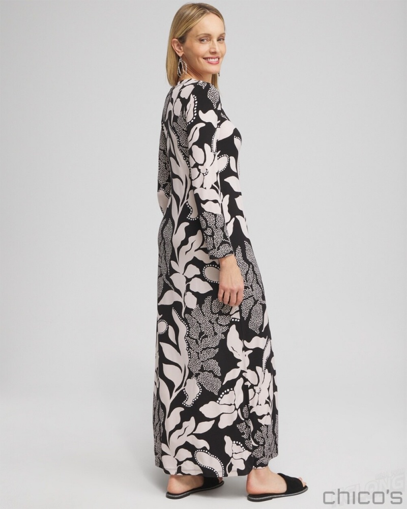 Chico's V-neck Vine Print Maxi Dress Dresses Black | 418-ICWYBF