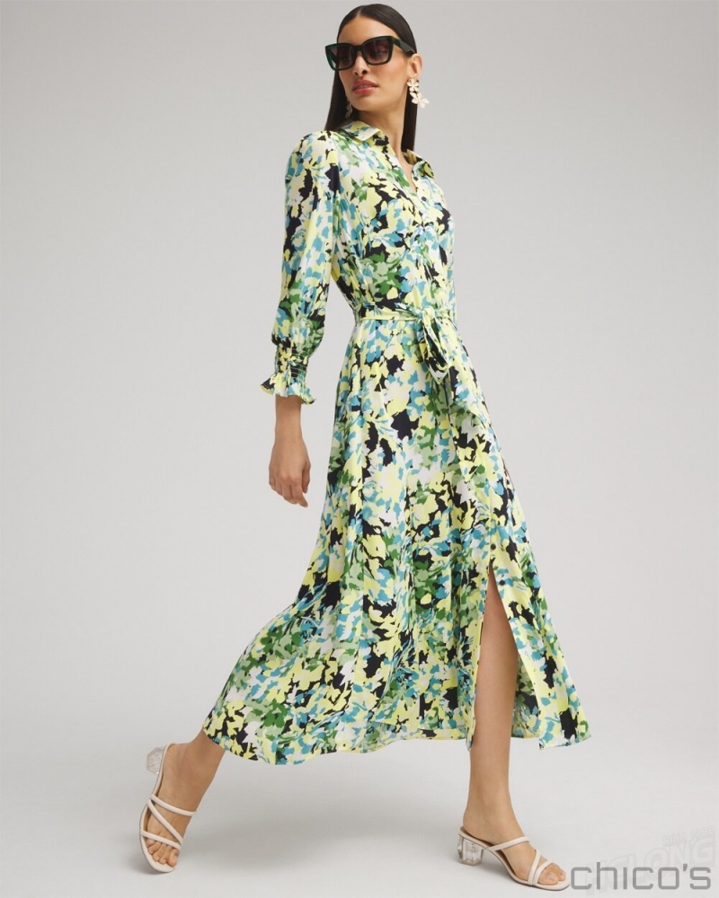 Chico's Yellow Floral Maxi Shirt Dress Dresses Classic Navy | 037-EXBINZ