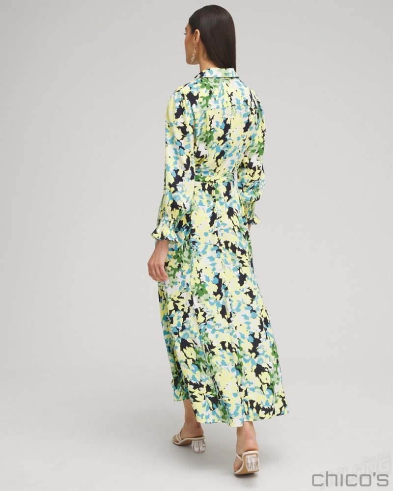 Chico's Yellow Floral Maxi Shirt Dress Dresses Classic Navy | 037-EXBINZ