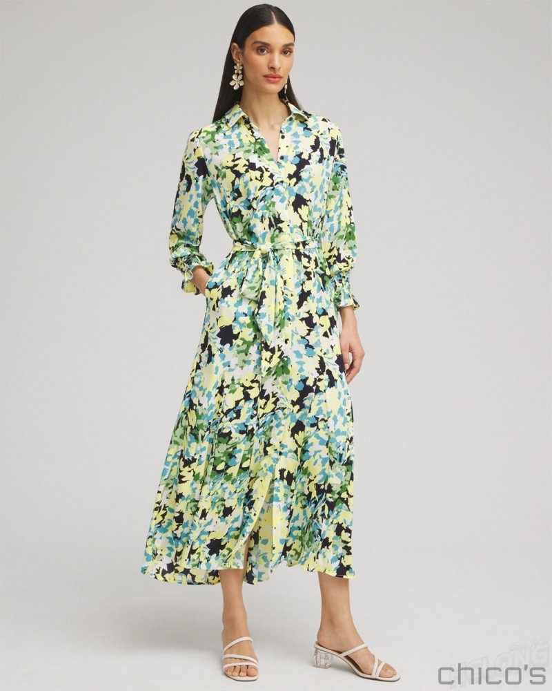 Chico\'s Yellow Floral Maxi Shirt Dress Dresses Classic Navy | 037-EXBINZ