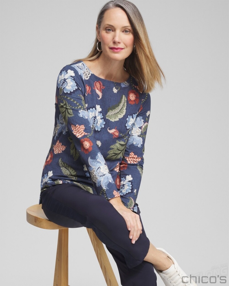 Chico's Zenergy Floral Pullover Tops Classic Navy | 614-GIRHMA