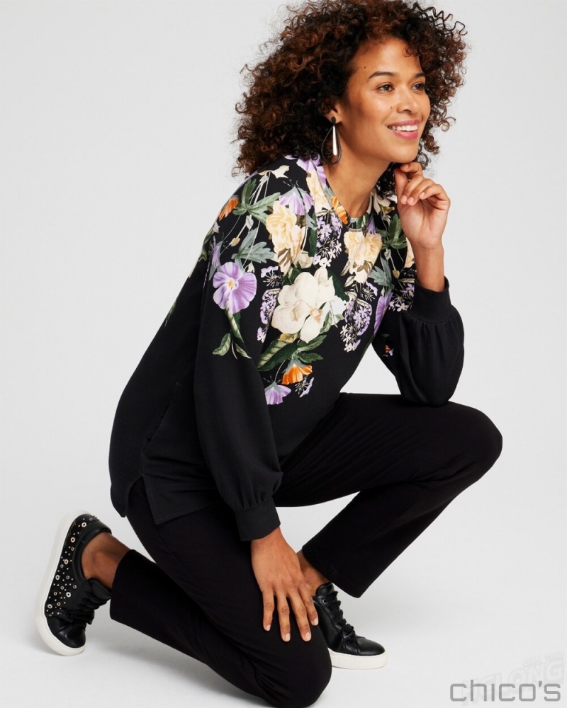 Chico's Zenergy French Terry Floral Pullover Tops Black | 480-NFDMSJ