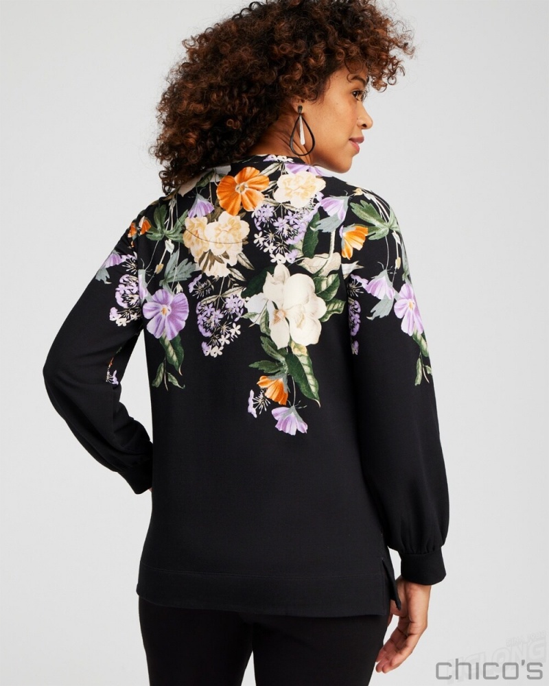 Chico's Zenergy French Terry Floral Pullover Tops Black | 480-NFDMSJ