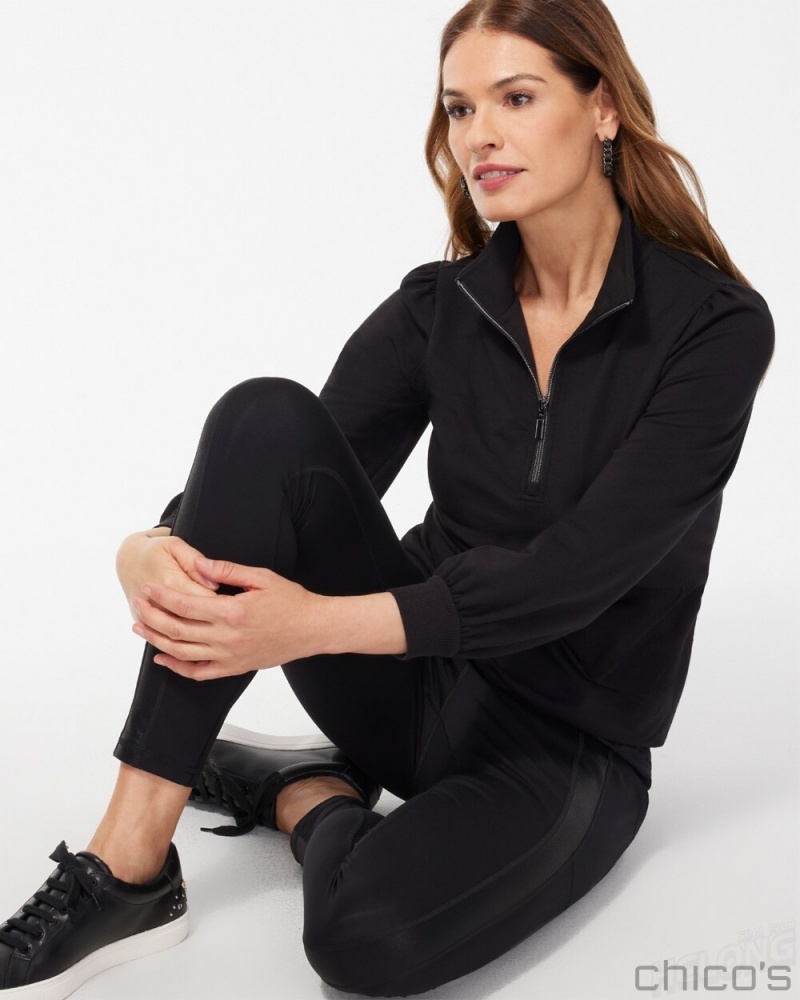 Chico's Zenergy French Terry Half Zip Pullover Tops Black | 240-MBTZWR