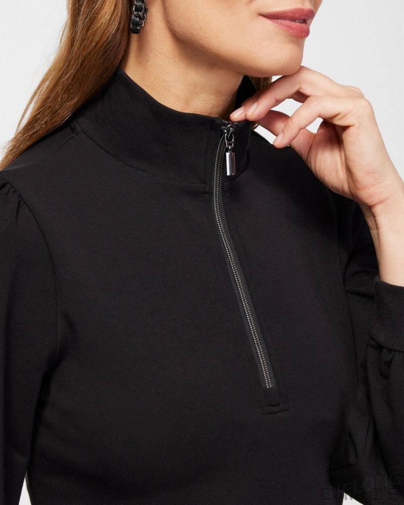 Chico's Zenergy French Terry Half Zip Pullover Tops Black | 240-MBTZWR