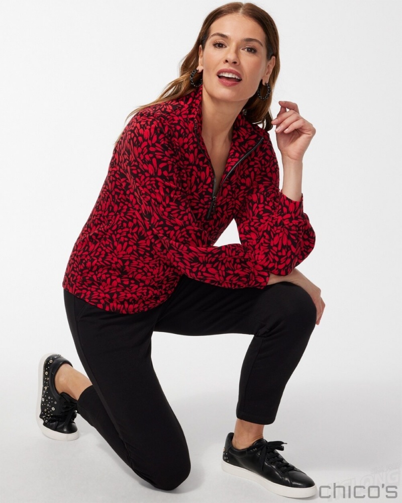 Chico's Zenergy French Terry Print Half Zip Pullover Tops Wild Poppy | 792-NXMWFI