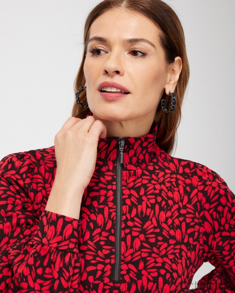 Chico's Zenergy French Terry Print Half Zip Pullover Tops Wild Poppy | 792-NXMWFI