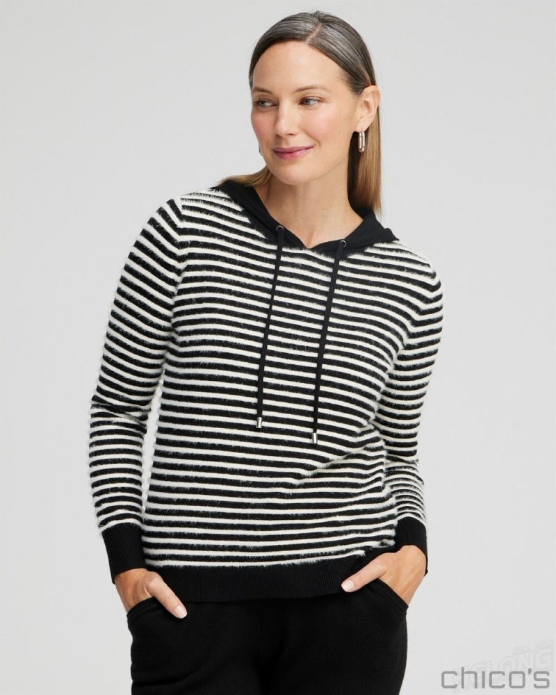 Chico's Zenergy Luxe Cashmere Blend Stripe Pullover Sweaters Black | 852-RAGQWB