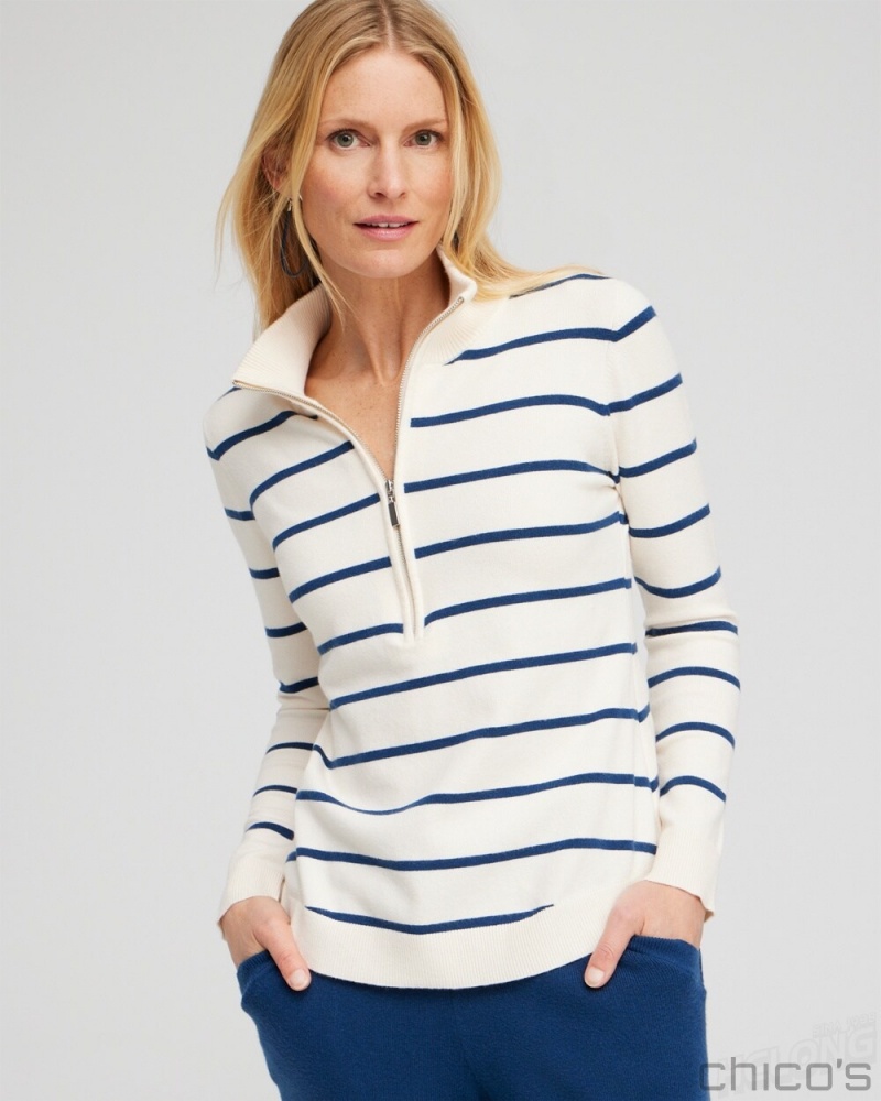 Chico's Zenergy Luxe Cashmere Blend Stripe Sweater Sweaters Azores Blue | 028-EUBTFO