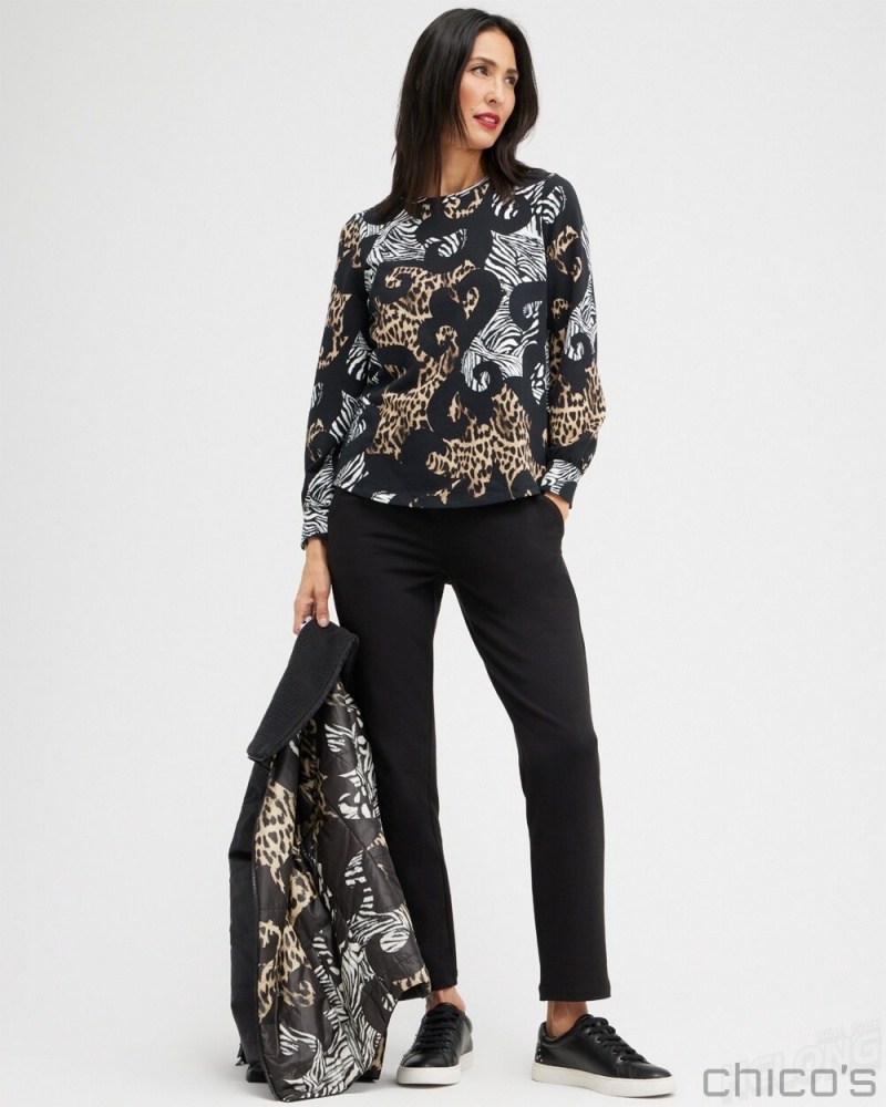 Chico's Zenergy Mixed Animal Print Sweatshirt Sweaters Black | 587-WYSORB