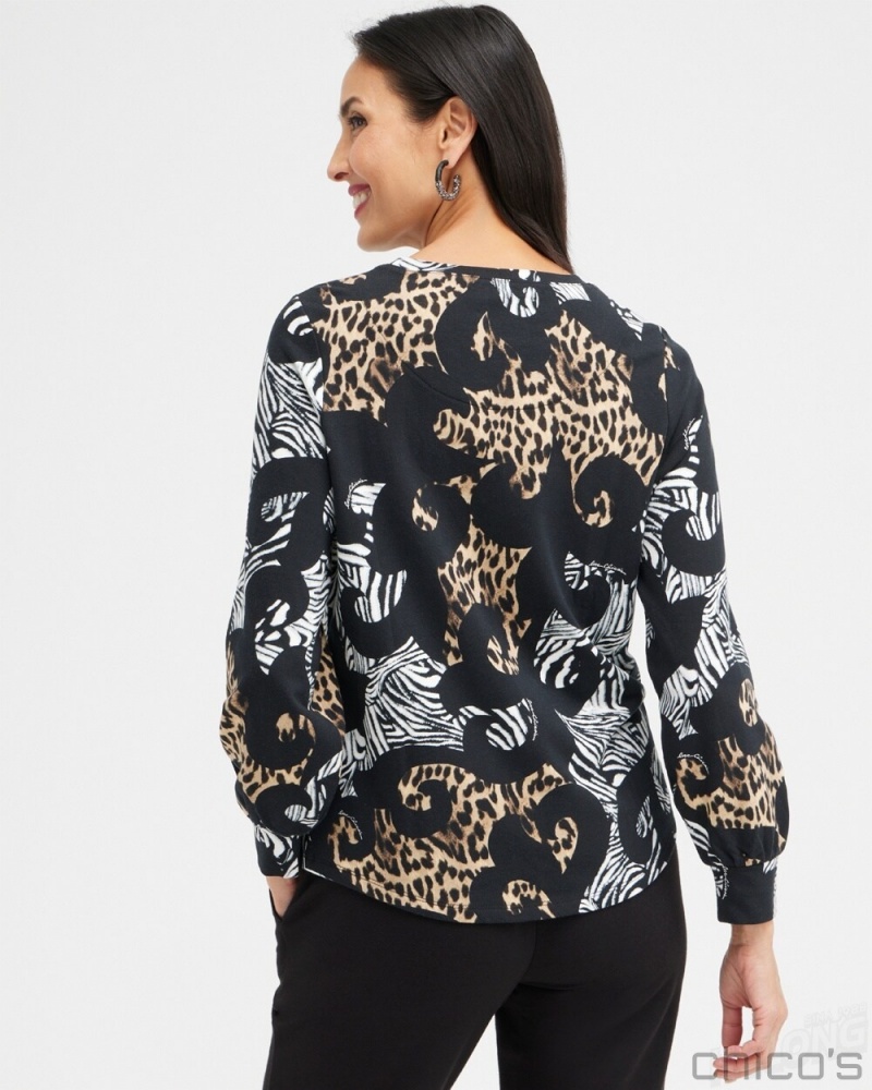 Chico's Zenergy Mixed Animal Print Sweatshirt Sweaters Black | 587-WYSORB